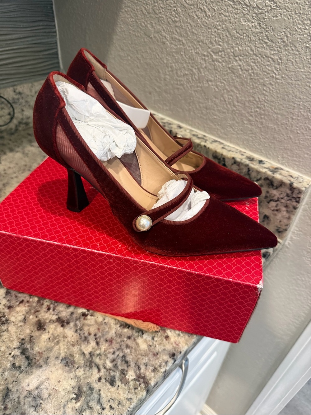 Kelly & Katie Burgundy Velvet Mary Jane Pumps with Pearl Accent